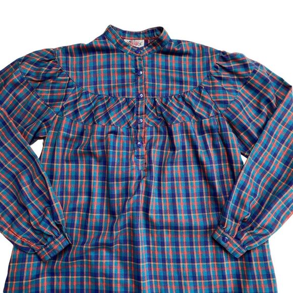Vintage Lanz Originals Plaid Prairie Core Mandarin Collar Nightgown Sz 14 FLAWS - Picture 5 of 14